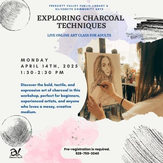 event poster with a person drawing a person in charcoal