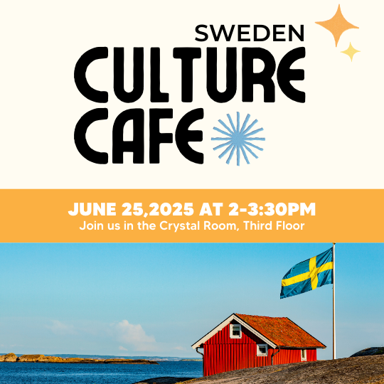 Teen Sweden Culture Cafe poster with an image of a home in Sweden with the Swedish flag.