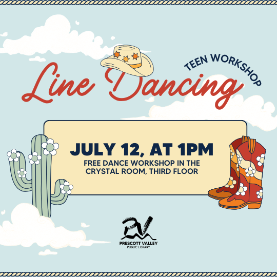 Line Dancing Workshop poster with clip art of cowboy boots and a cactus