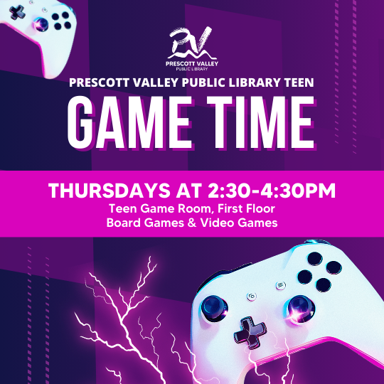 Video Game Poster with words: Teen Game Time, Thursdays, 2:30-4:30 PM