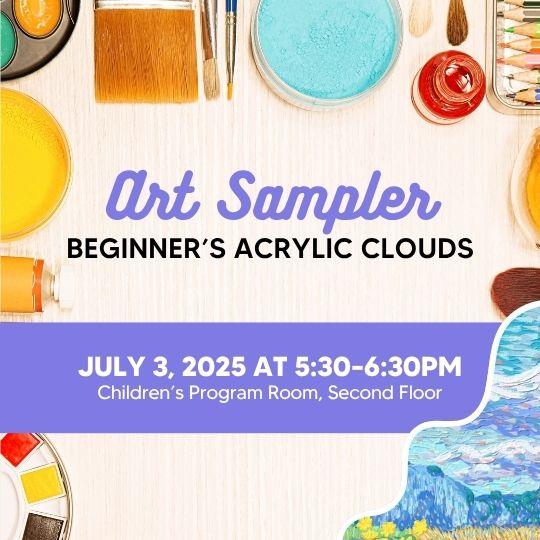 event poster with paint and paint brushes and a picture of clouds