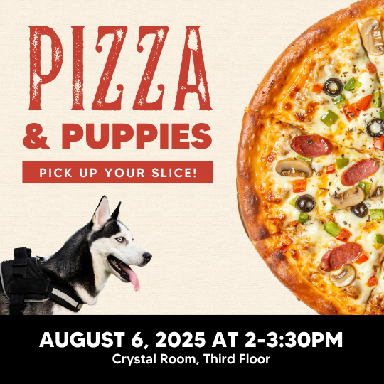Pizza & Puppies Poster with image of a husky dog and a pizza.