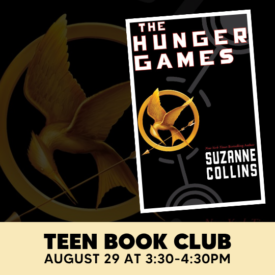 Hunger Games book club poster with photo of the book cover.