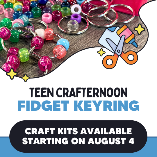Teen Crafternoon: Fidget Keyring with an image of fidget toys and clip art of a pair of scissors.