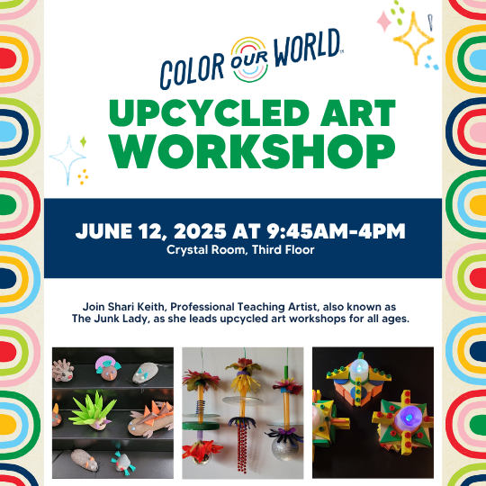 text states upcycled art workshop with pictures of different art projects