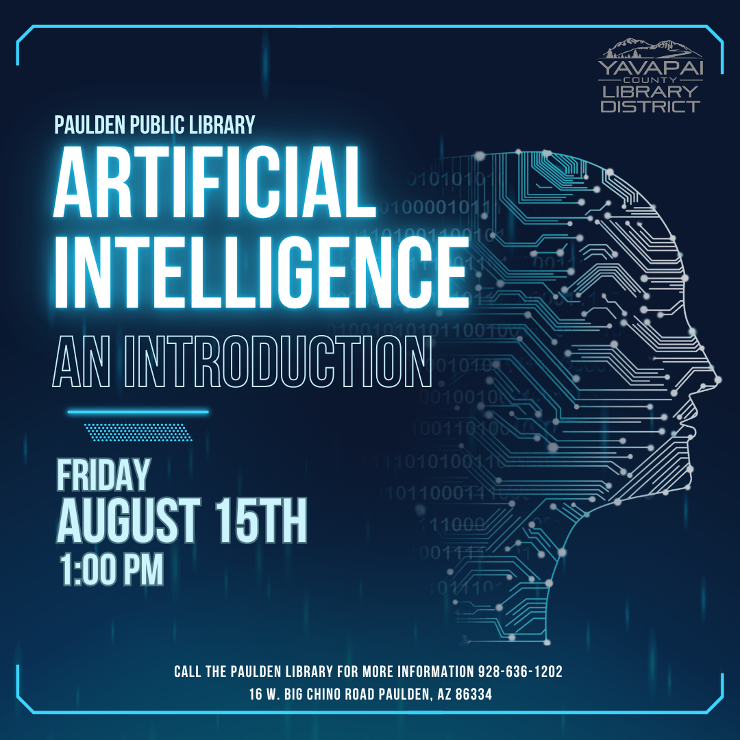 The words, "Artificial Intelligence: An Introduction, Friday August 15th at 1:00pm"