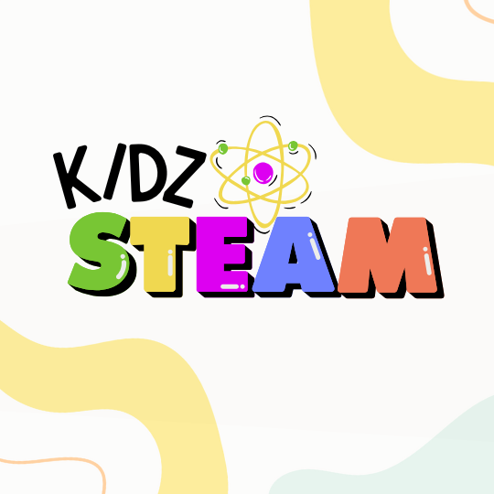 words kidz steam with science symbols on a white background
