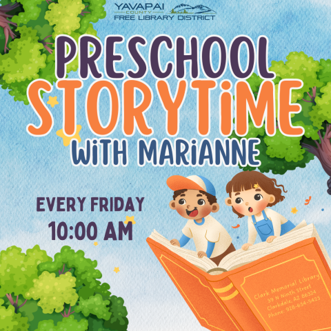 Preschool Storytime with Marianne every Friday at 10:00 am poster. Two kids flying on a book!