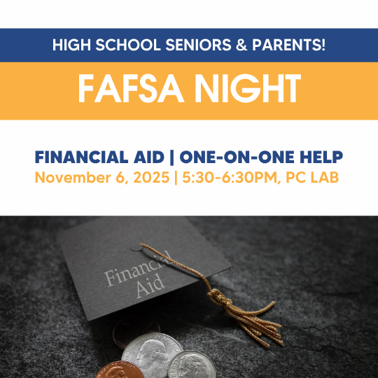 FAFSA Night poster with photo of a graduation cap with coins and the words financial aid.