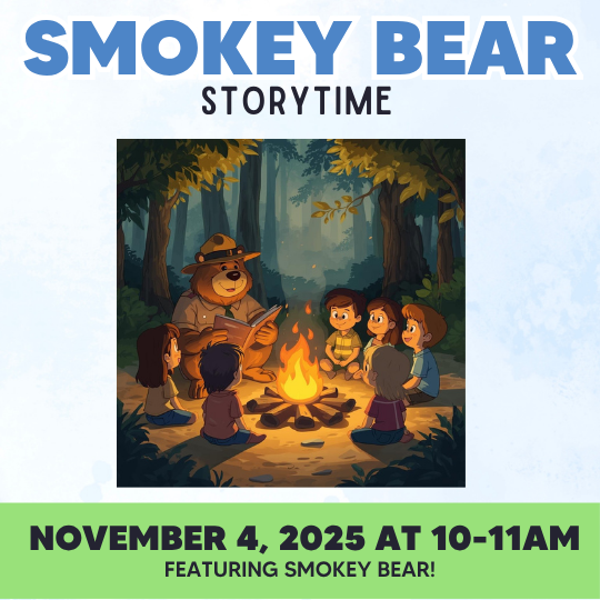graphic with a bear reading a storyt by a campfire to a group of children