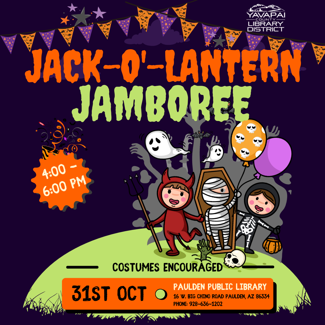 Cartoon of children dressed in Halloween costumes with the words "Jack-O'-Lantern Jamboree"