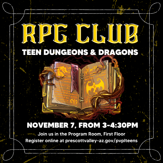 RPG Club poster with image of a fantasy book.