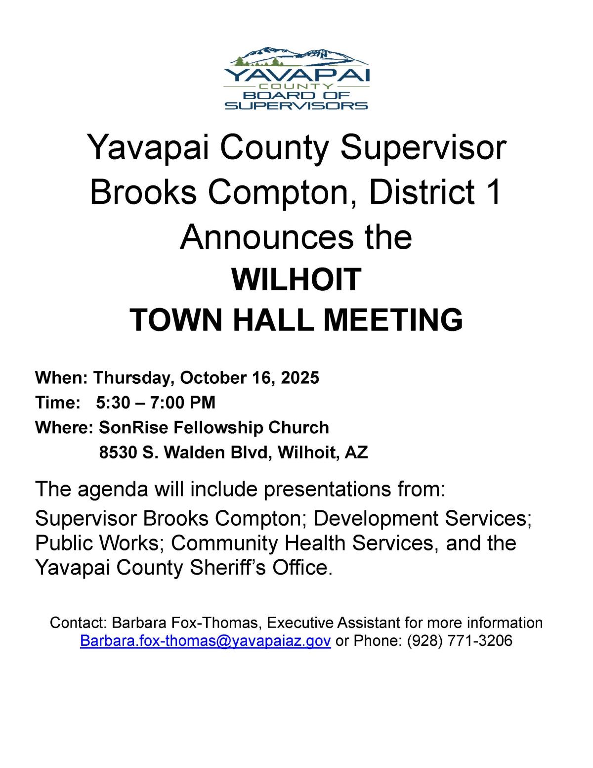 Flyer with information on the Wilhoit Town Hall Meeting
