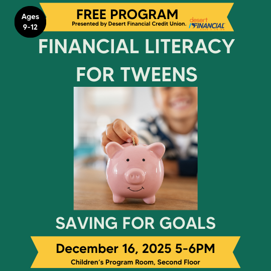 Green and yellow graphic with photo of a piggy bank and money being dropped into it by child.