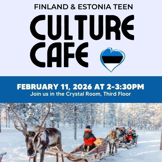 Blue and White Finland & Estonia Teen Culture Cafe flyer with photo of a sled.