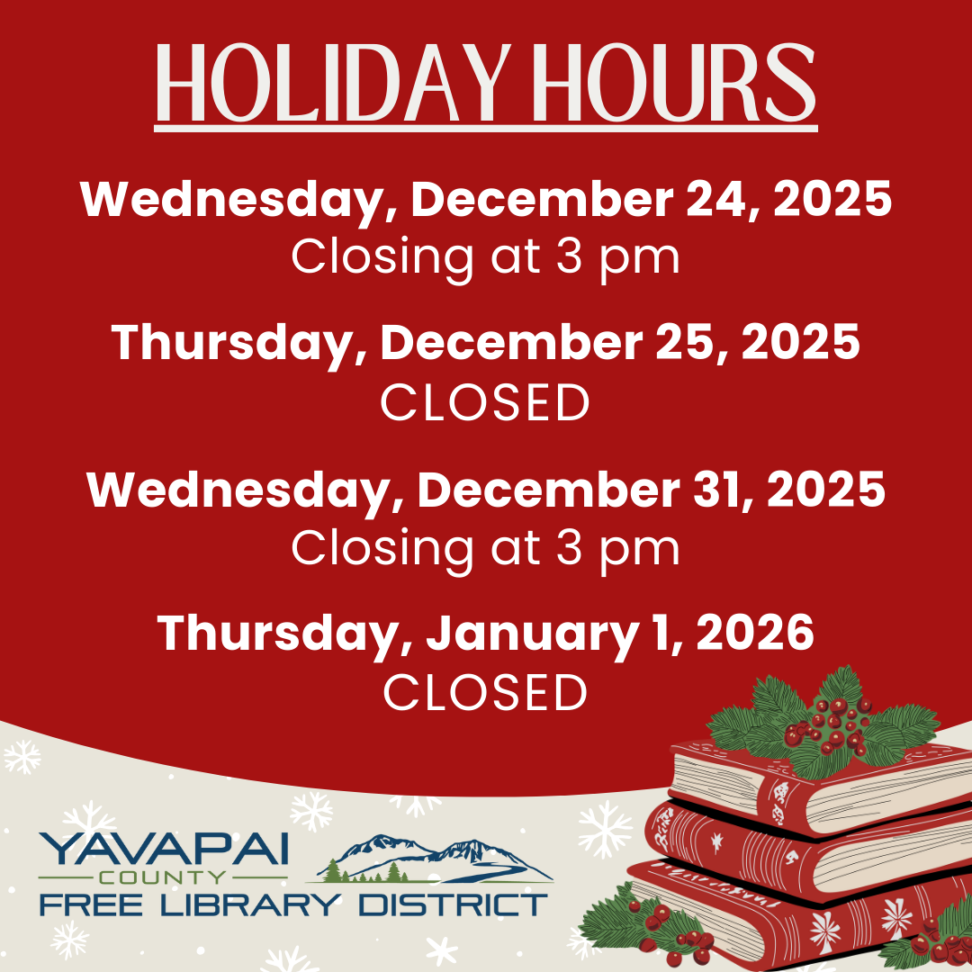 Book with holly branches and card with text: holiday hours.