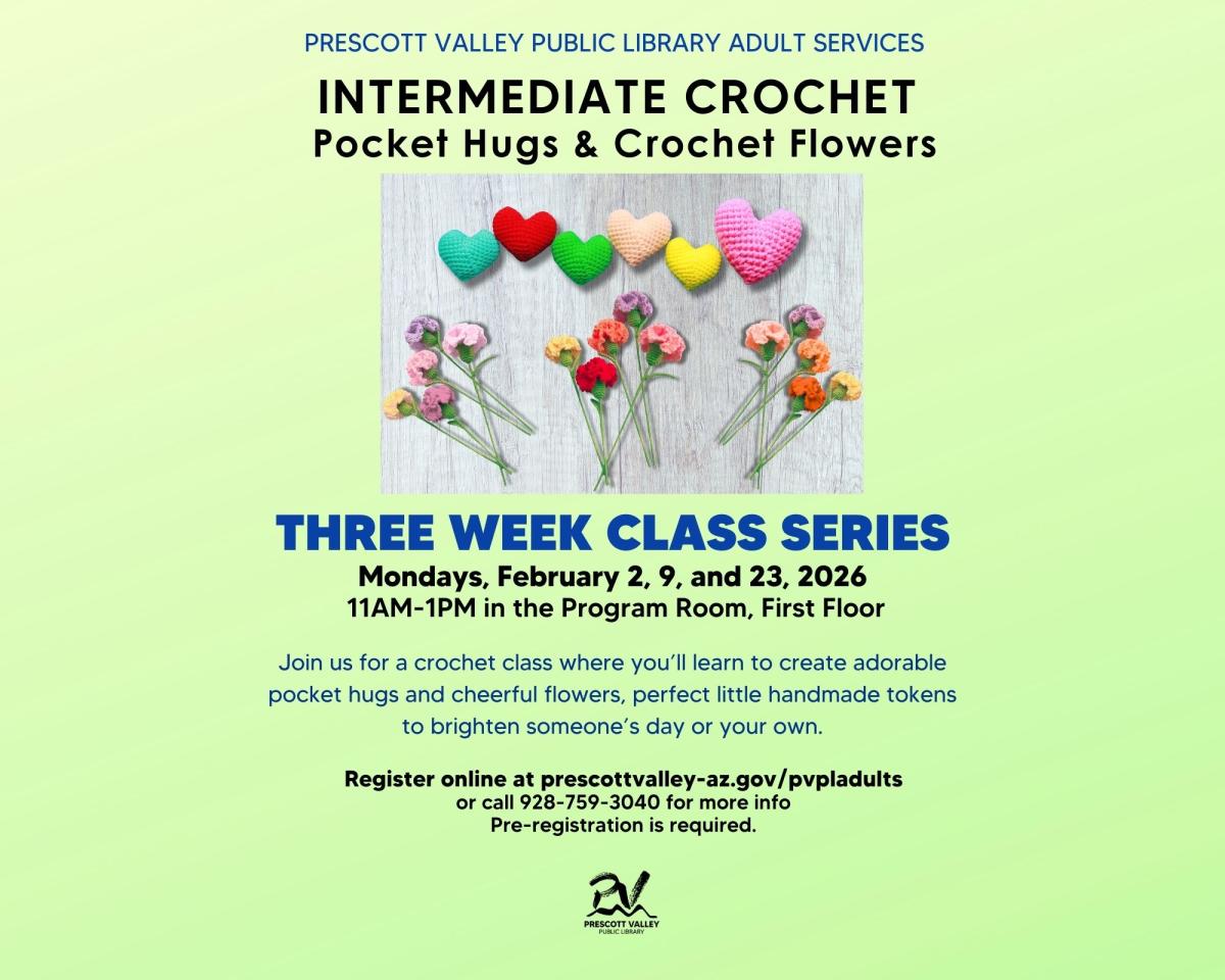 event poster with a photo of crochet hearts and carnation flowers