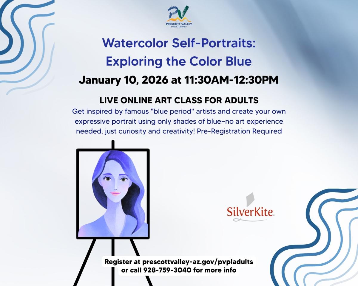 event poster with an easel and a woman's face painted in watercolor blues