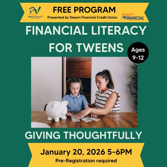 Green and yellow flyer with parent helping child sort money on table.