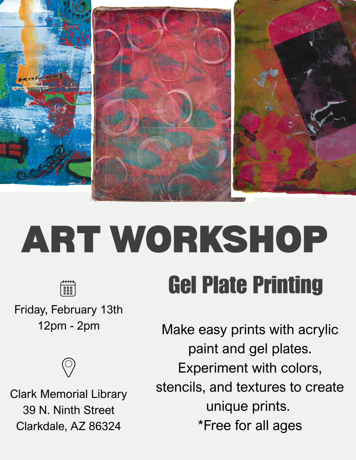 Photos of Gel prints with Date, time and location of workshop.