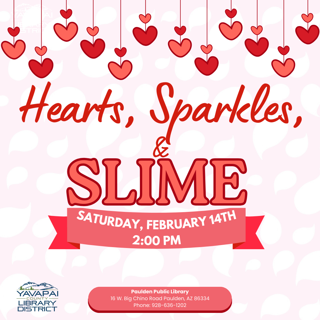 Border of hearts on a pin background and the words "Hearts, Sparkles, & Slime"