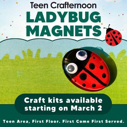 Green and Blue Teen Crafternoon Ladybug Magnets Flyer with photo of craft.