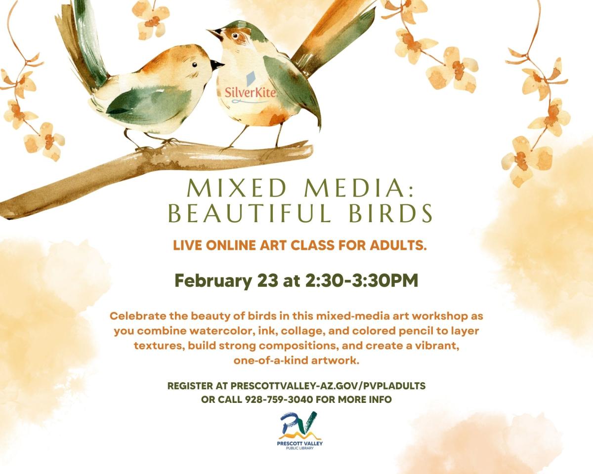 event poster with yellow and green watecolor birds on a branch