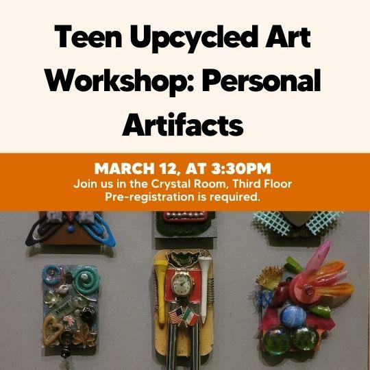 Orange and cream Teen Upcycled Art Workshop flyer with photo of craft.