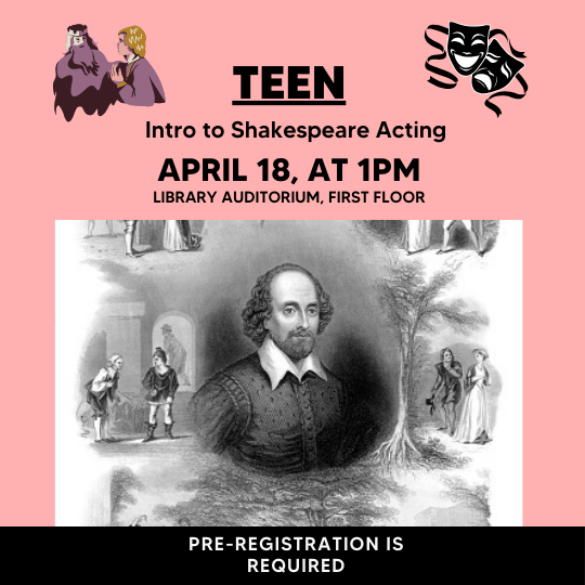 Pink and White Teen Shakespeare acting flyer with image of Shakespeare.