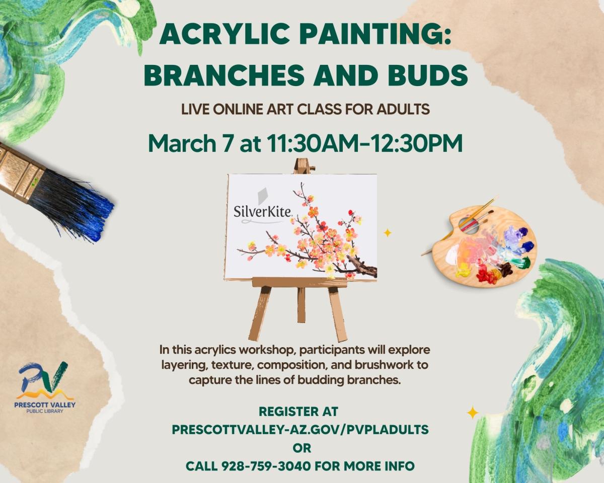 event poster with canvas and a painting of branches with orange and peach blooms