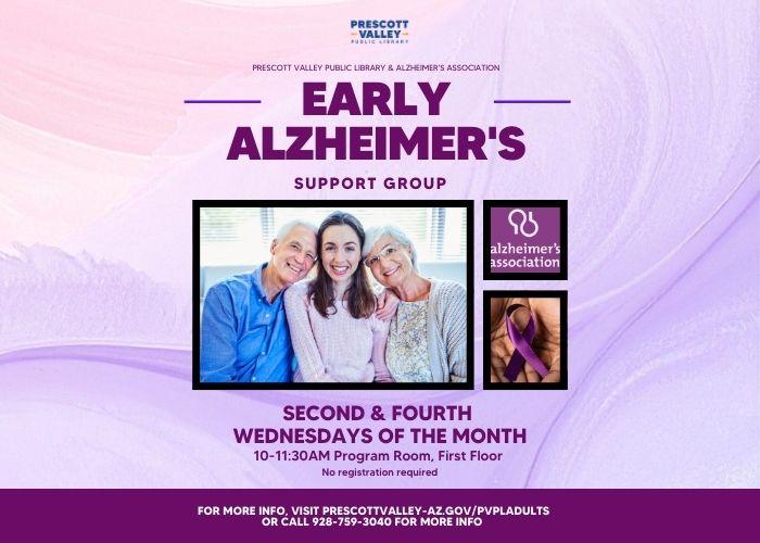event poster with photo of a family and the alzheimer purple ribbon in a hand